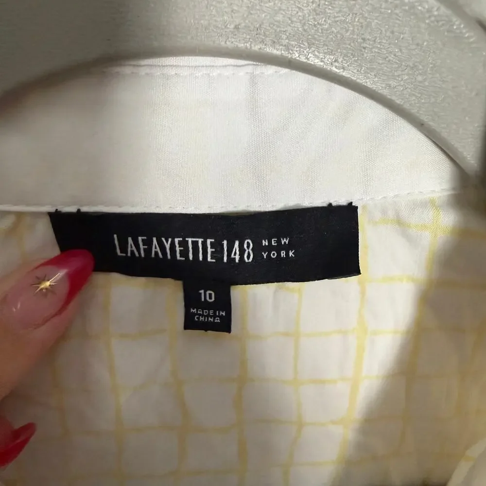 Lafayette 148 New York Long Sleeve Button Down Shirt Check Print Yellow Size 10 - Picture 3 of 5